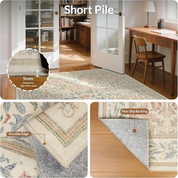 GENIMO 8x10 Washable Area Rug, Non-Slip Vintage Boho Floral Carpet, Soft Low-Pile Thin Living Room Rug for Bedroom, Dining Room, Nursery, Beige Pink