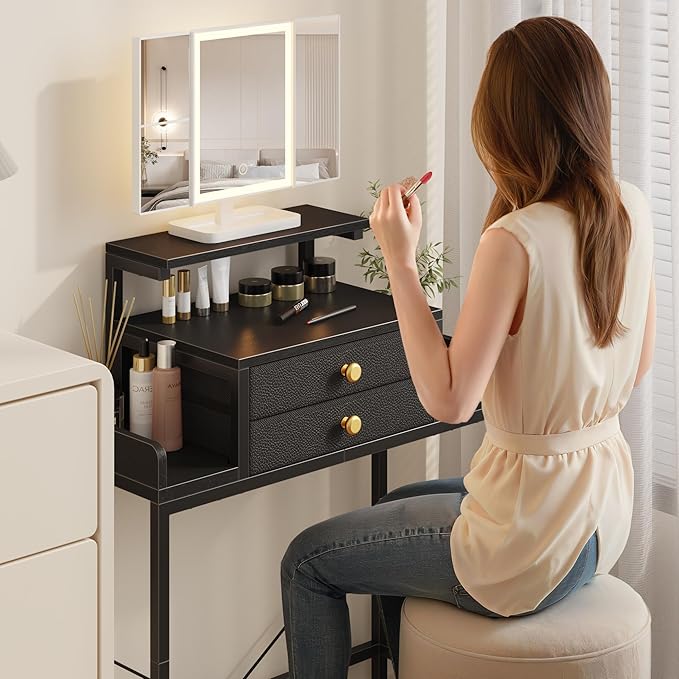 Vanity Desk with Mirror and Lights, 28.4''W Small Makeup Vanity Table with Height-Adjustable Stand, 2 Fabric Drawers Compact Makeup Desk, Gift for Girls, Bedroom Small Space, Black