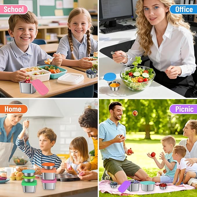 12 Pack Stainless Steel Snack Containers for Kids, 6oz & 1.6oz Leakproof Snack Salad Dressing Containers with Easy-Open Silicone Lids, Reusable Lunch Box Containers for Office & Travel
