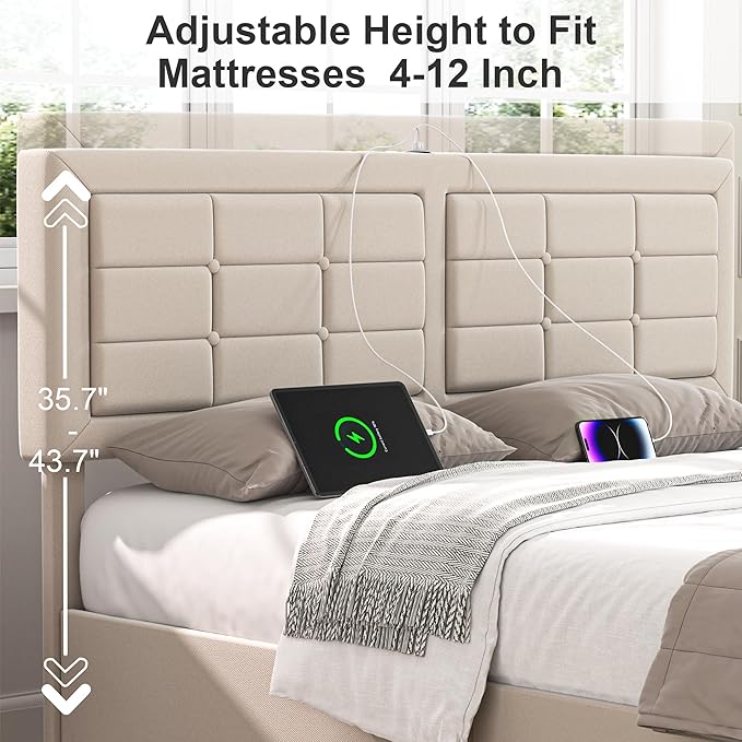VECELO Queen Size Bed Frame with 4 Drawers, Adjustable Tufted Button Headboard, Upholstered Platform with Wood Slats Support, Built-in USB and Type C Ports, Beige