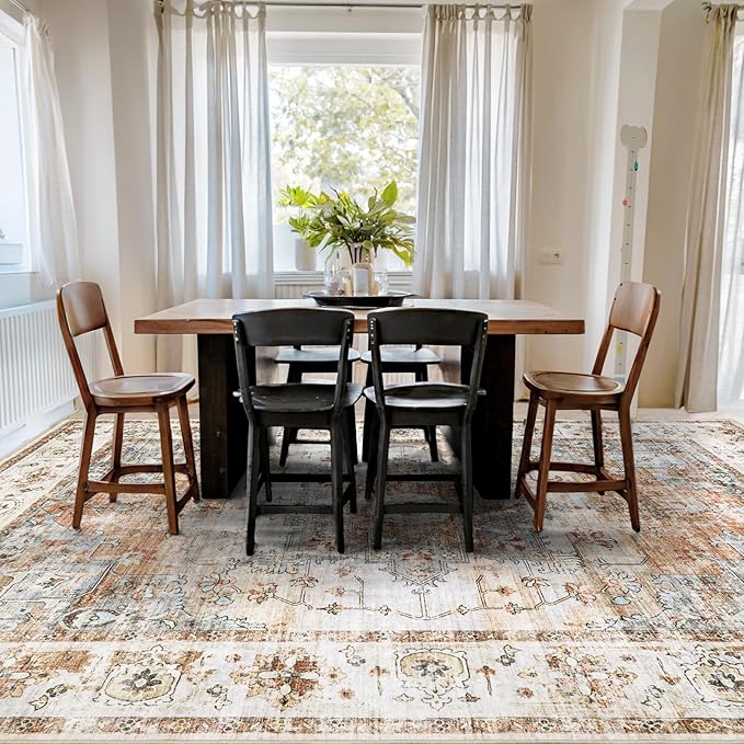 Area Rugs for Living Room 10x14 - Extra Large Machine Washable Vintage Oriental Soft Rug, Low Pile Thin Carpet with Non Slip Backing for Bedroom, Dorm, Dining Room, Indoor House, Office