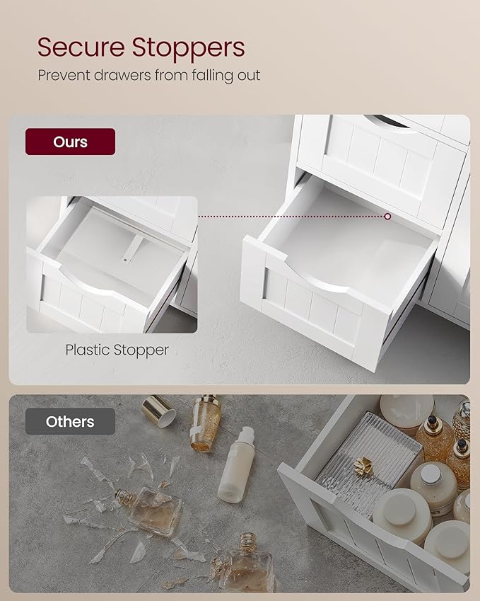 VASAGLE Storage Cabinet with Drawers, Freestanding Floor Cabinet with Door, 11.8 x 21.7 x 32.3 Inches, Adjustable Shelf, for Bathroom, Living Room, Kitchen, Cloud White ULHC041WH01S