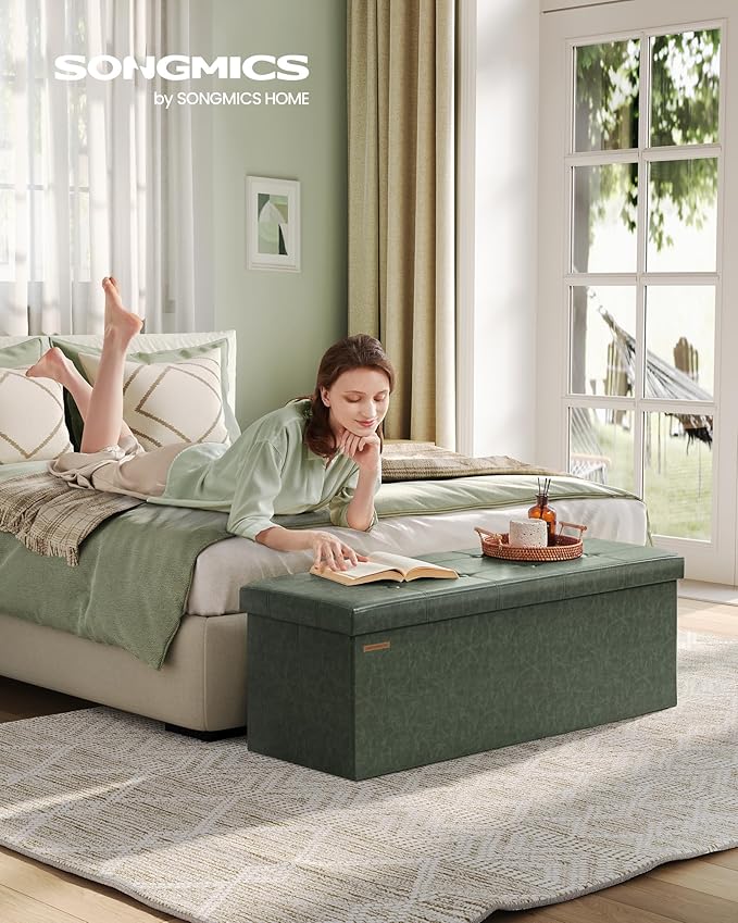 SONGMICS Mazie Collection - 43 Inches Folding Storage Ottoman Bench, Ottoman with Storage, Foot Rest Stool, Load 660 lb, for Living Room, Synthetic Leather, Forest Green ULSF070C01