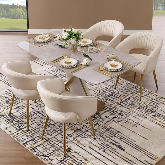 Modern Dining Chairs Set of 4, Upholstered PU Leather Gold Dining Room Chairs with Hollow Back, Accent Armrest Kitchen Chairs with Gold Legs for Living Room Cream