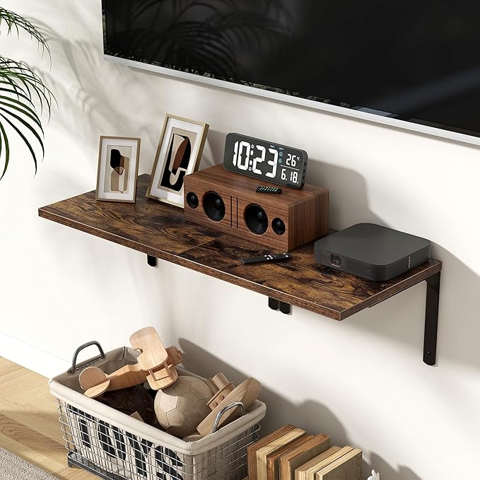 Fun Memories Rustic Brown 12 Inch Deep Floating Shelves Set of 2, Wall Mounted Shelf with Metal Brackets, Rustic Wood Wall Shelf for Bathroom, Kitchen and Living Room