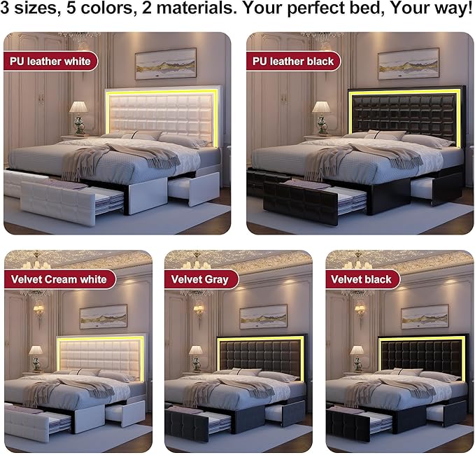 Full Led Bed Frame with 4 Storage Drawers, No Box Spring Needed, Supports 900 lbs, Easy Assembly, Quiet and Sturdy Design, PU Black