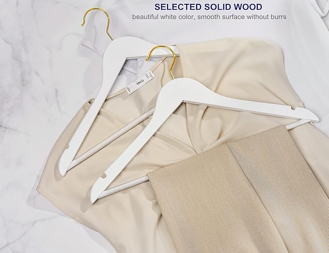 Amber Home 30 Pack Solid Wood Suit Coat Hangers, Smooth White Finish Wooden Dress Hangers with Non Slip Pant Bar, Clothes Hangers with Gold Hook & Notches for Jacket, Pant, Shirt (White+Gold, 30)