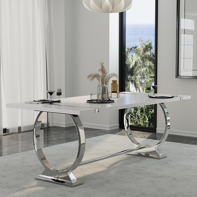 Asday 80 inch Dining Table, Luxury White and Silver Dining Room Table, Large Family Dining Table Modern Kitchen Table with Stainless Steel U-Base for Home Office Apartment