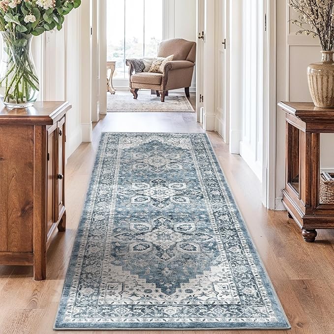 AMADA HOMEFURNISHING 2.7x8 Washable Runner Rug, Low-Profile Kitchen Runner Rugs with Non-Slip Backing & Durable Edge Binding, Vintage Entryway Rug for Bedroom & Hallway
