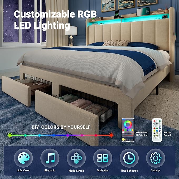 Allewie Vertical Tufted Queen Upholstered Platform Bed Frame with 2-Tier LED Storage Headboard & 2 Storage Drawers, USB & Type-C Charging Ports, Noise-Free/No Box Spring Needed, Beige