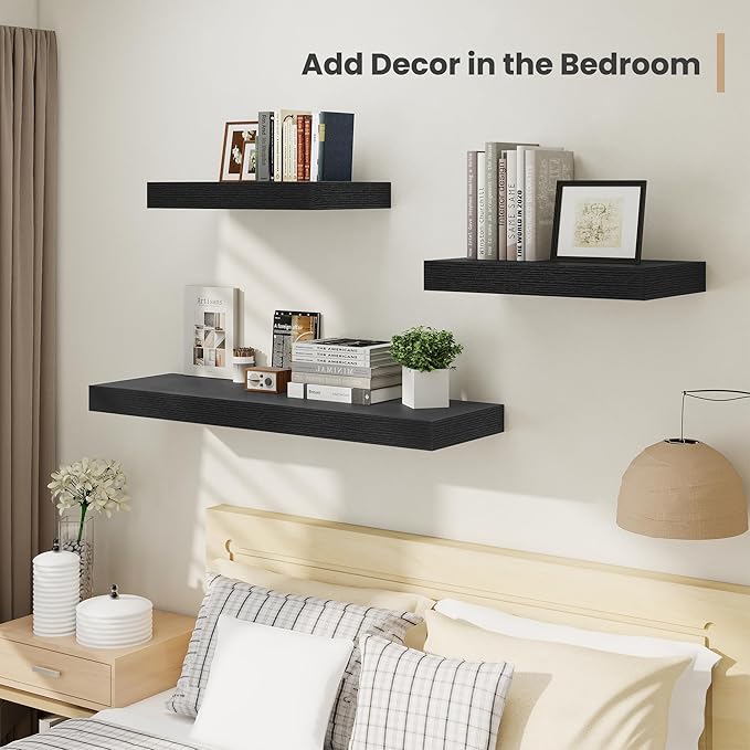 Heimlove 24 x 12 Inch Deep Floating Shelves Wall Mounted with Invisible Brackets,Storage Hanging Shelf for Wall Decor in Bathroom, Bedroom, Toilet, Kitchen, Living Room, Office Set of 2 (Black)