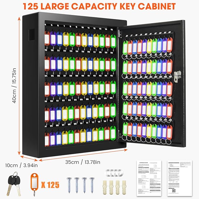 125 Key Lock Box Wall Mount with Anti-Theft Deposit Key Slot, Key Cabinet with Key Hooks & 125 Tags Key Labels, Key Safe for Hotels & Office & Companies & Car Dealerships