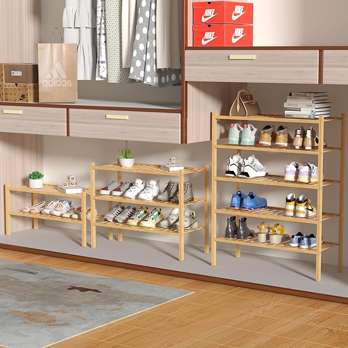 4 Tier Bamboo Shoe Rack for Closet Free Standing Wood Shoe Shelf for Entryway Small Space Stackable 27"x11"x26" (Natural)