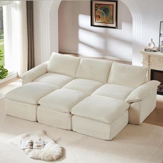 111" Cloud Sectional Couch, Corduroy Sectional Sofa with Ottoman, Boneless Couch with Deep Seat in a Box for Living Room, No Assembly Required (White)
