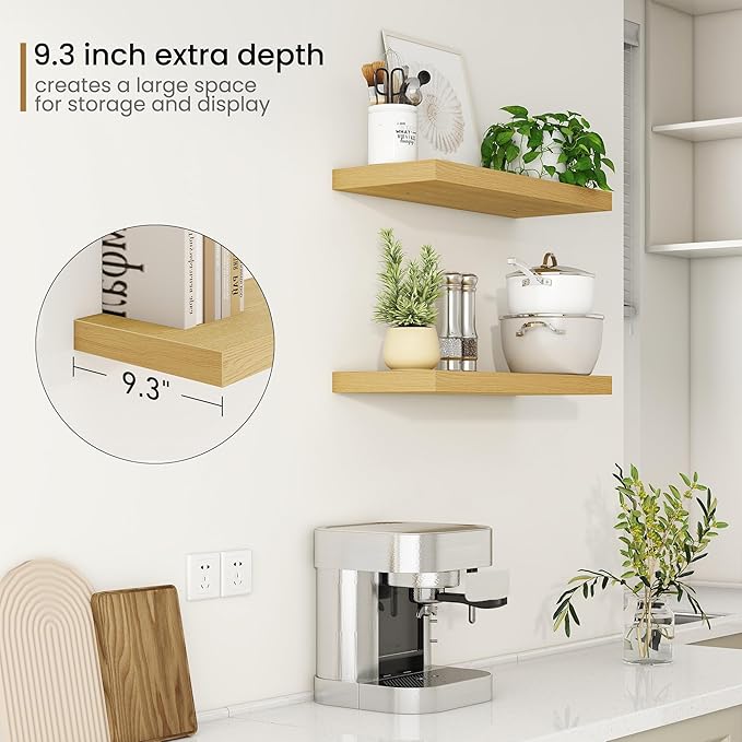 Fun Memories 24 Inch Floating Shelves for Wall, 9.3Inch Deep Floating Shelf, Extra Deeper & Thicker Wall Mounted Storage Shelf for Kitchen, Farmhouse, Oak, 2 Pack