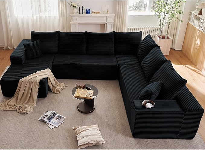 Sectional Cloud Couch with L-Shape Chaise, Upholstered Corduroy Couches Stupendous U Shaped Sofas, Modern Modular Comfy Sofa with Deep Seat for Living Room Bedroom, No Assembly Required, Black