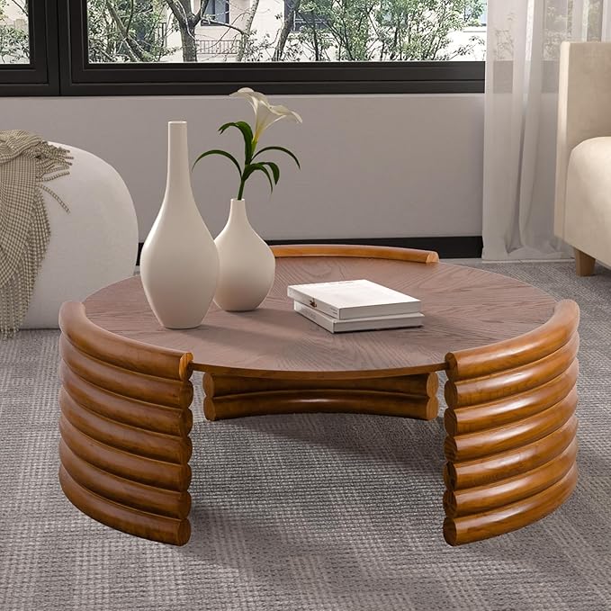 36" Round Coffee Table for Living Room Mid Century Modern Vintage Circle Coffee Table Center Tables Fluted Accent Tea Tables for Apartment Living Room