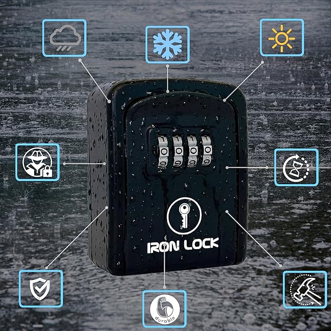 Iron Lock® Wall Mount Key Lock Box – Waterproof Heavy Duty Metal Lock Box for Keys with 4-Digit Combination & Resettable Code – Outdoor/Indoor Key Safe for Home, Office & Airbnb (Black, Small)