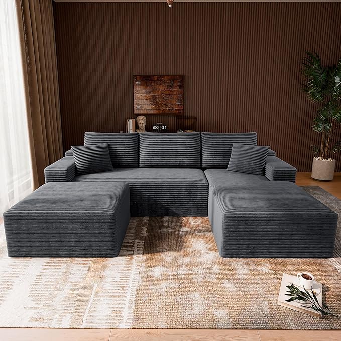 3-Piece Boneless Modular Sectional Sofa, Cloud Couch, Left Facing Chaise with Ottoman, Oversized Deep Seat, Soft Corduroy Fabric, Sectional Couch for Living Room-Grey