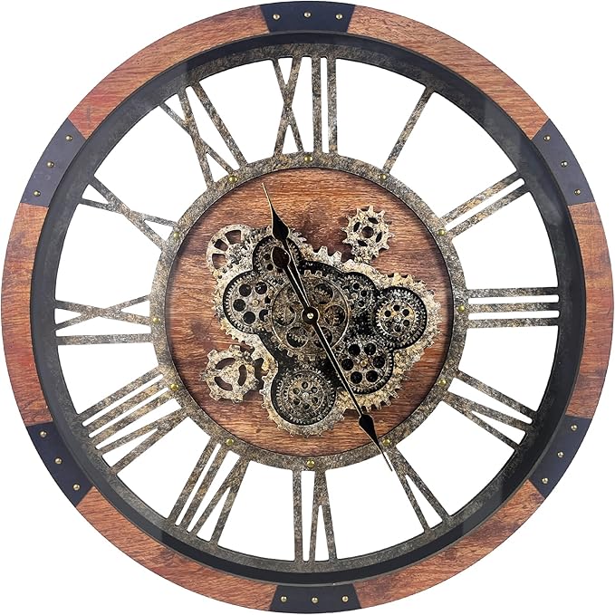DORBOKER 30" Large Wall Clock Moving Gears,Oversized Industrial Rustic Farmhouse Clocks for Living Room Decor Office Home, Solid Wood Retro Metal HD Tempered Glass Cover, Brown and Vintage Bronze