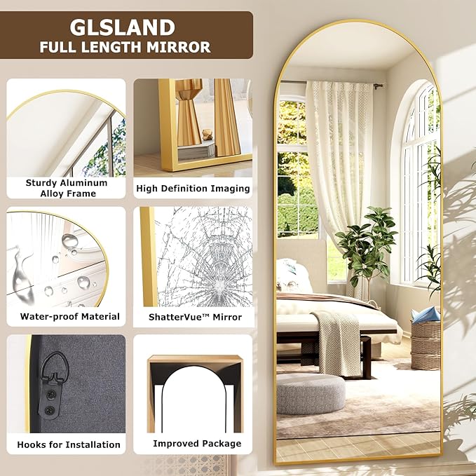 GLSLAND 26" x 71" Arched Full Length Mirror - Gold Full Body Mirror - Extra Large Floor Mirrors for Bedroom, Living Room, Bathroom