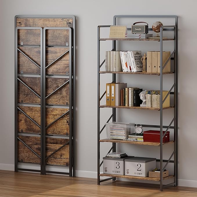 JSB Folding Bookshelf,Industrial Storage Shelves, No Assembly Vintage Wood Look Bookshelf with Storage Shelves for Living Room, Bedroom, Office (Fire Brown, 5-Tier)