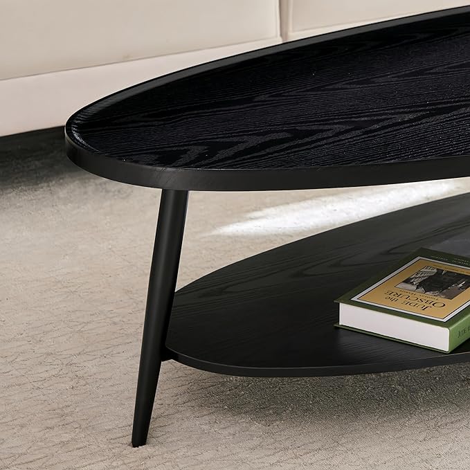 Shrine Black Oval Coffee Table, Mid-Century Modern Coffee Table, Black Walnut Wood Table for Living Room, D47''x W23.6''x H15'', Sleek Conical Metal Legs with Black Finish