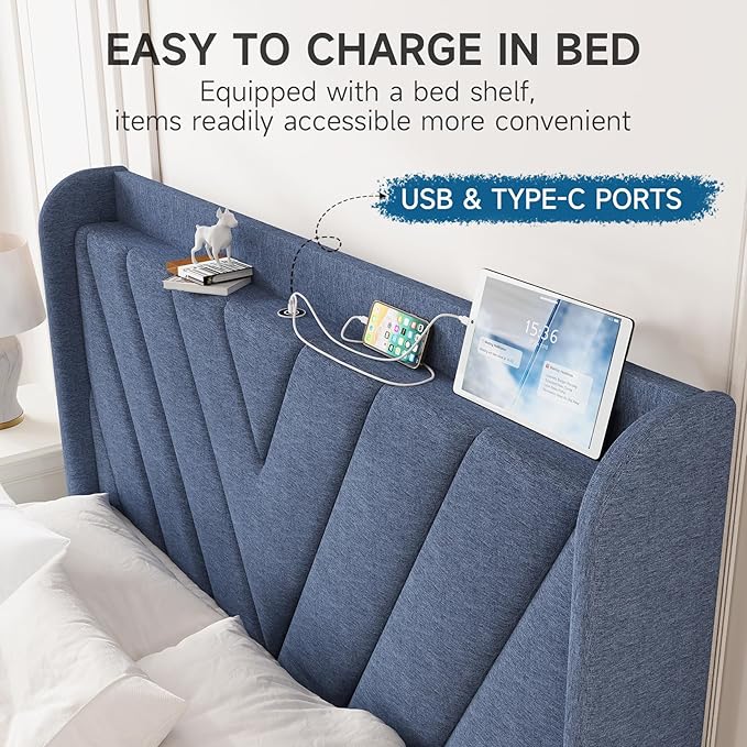 koorlian Queen Bed Frame with Headboard, Adjustable Upholstered Platform Bed Frame with Type-C&USB Ports, Wingback Storage Headboard, Solid Wood Slats Support, No Box Spring Needed, Dark Blue