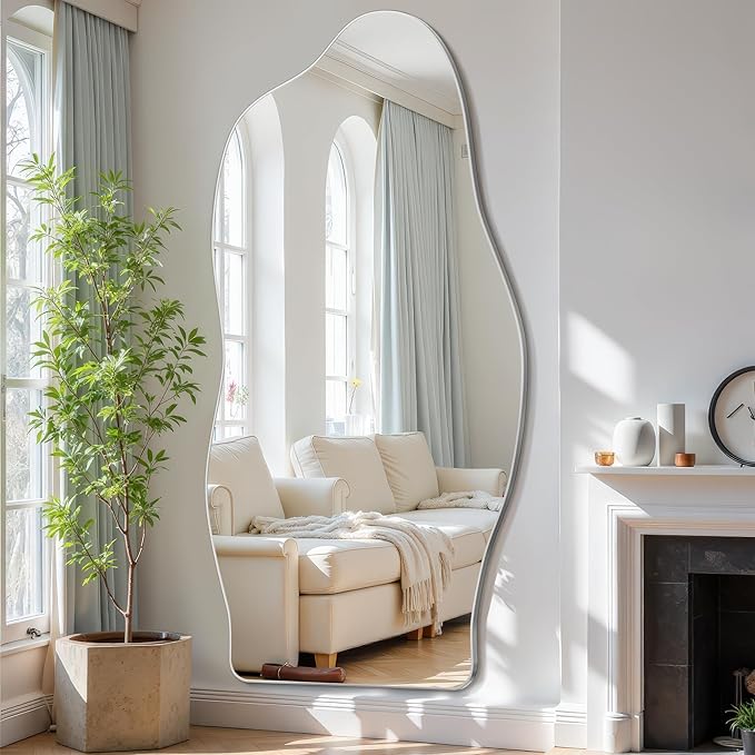 Antok Full Length Mirror, 76"x36" Floor Mirror with Stand, Standing Hanging Leaning Irregular Mirrors for Bedroom Living Room Entryway, Cloud Shaped, Silvery