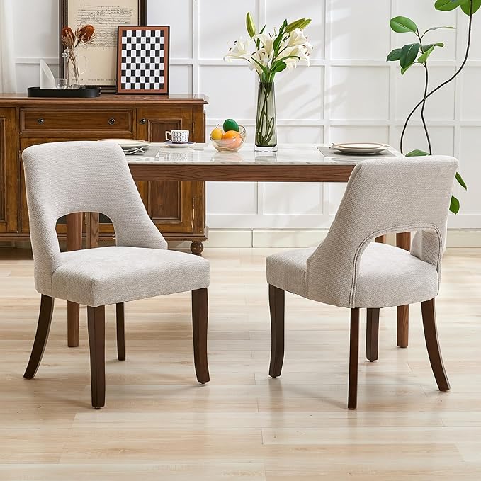 UVV Wooden Dining Chairs Set of 2, Mid Century Modern Upholstered Dining Room Chair Kitchen Chairs, Chenille Dinner Chair with Solid Wood Legs for Kitchen Dining Room, Light Grey-Chenille