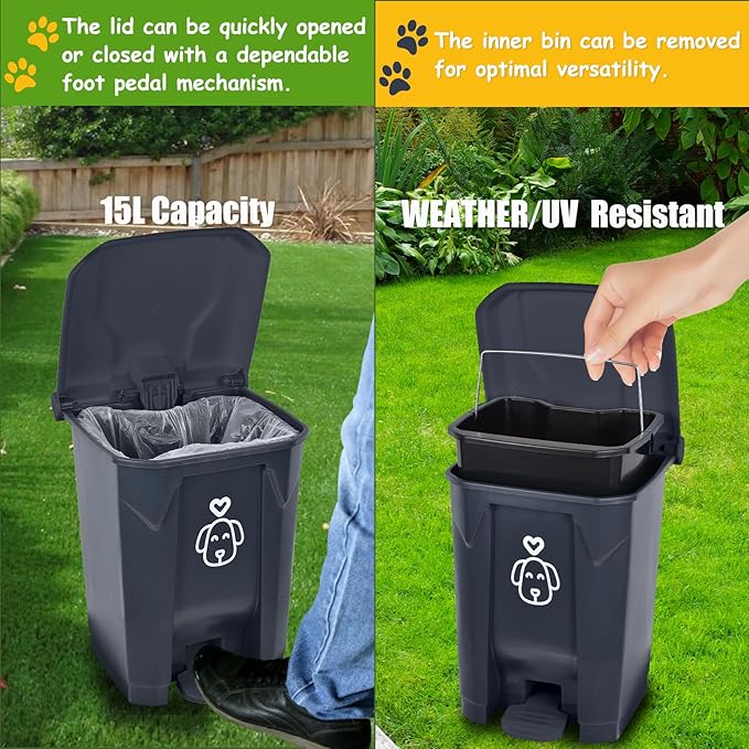 Outdoors Dog Poop Trash Can with Lid & 290PCS Waste Bags, Cute Dog Waste Trash Can for Dog Poop, Yard, Home, Garden, Kitchen, 15 Litre Grey Step with Removable Inner Bin, AG