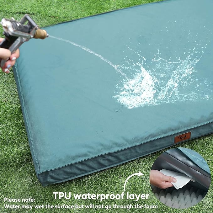 Outdoor Extra Large Dog Crate Bed, Big Waterproof Dog Bed for Large Dogs, Orthopedic Egg Foam Pet Bed Mat with Removable Cooling Cover, Light Blue