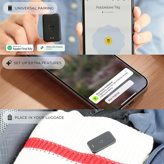 Pebblebee Universal Tag - Rechargeable Mini Item Tracker - Alternative to Air Tag & Android - 8-Month Battery Life - Works with Both Android & iOS Find My App - LED & Sound Alerts