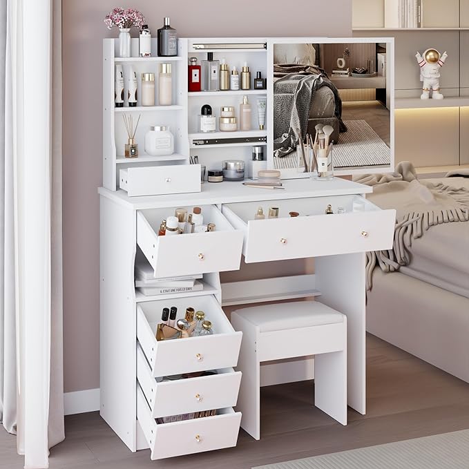 KEIKI Vanity Desk with Sliding Mirror & Cushioned Stool, 37'' Makeup Dressing Table Set for Bedrooms, Dorms, Apartments, White