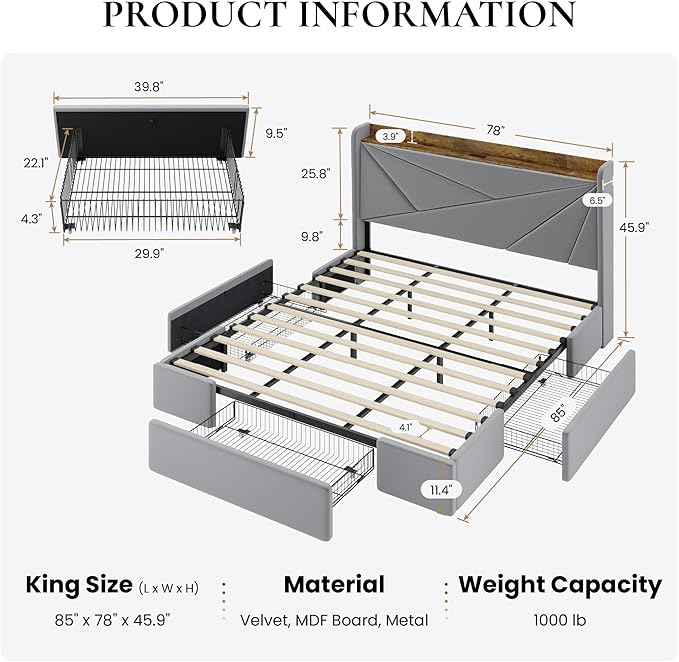 SHA CERLIN King Size Bed Frame with 3 Drawers, USB & Type-C Charging Ports, Velvet Upholstered Platform Bed with Modern Geometric Wingback Storage Headboard, No Box Spring Needed, Easy Assembly, Grey