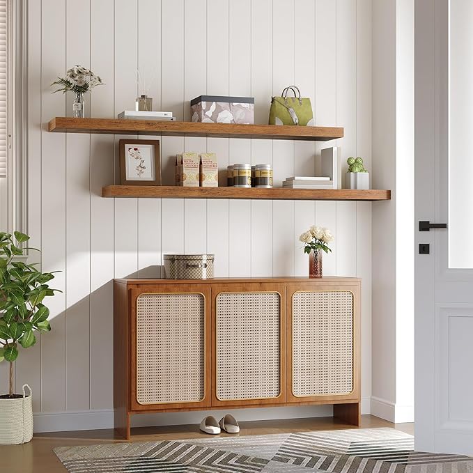 HOOBRO Floating Shelves for Wall, Wall Mounted Shelf Set of 2, 55" Hanging Shelf with Invisible Brackets, for Wall in Bathroom, Bedroom, Toilet, Kitchen, Living Room, Office, Rustic Brown BF140BJP201