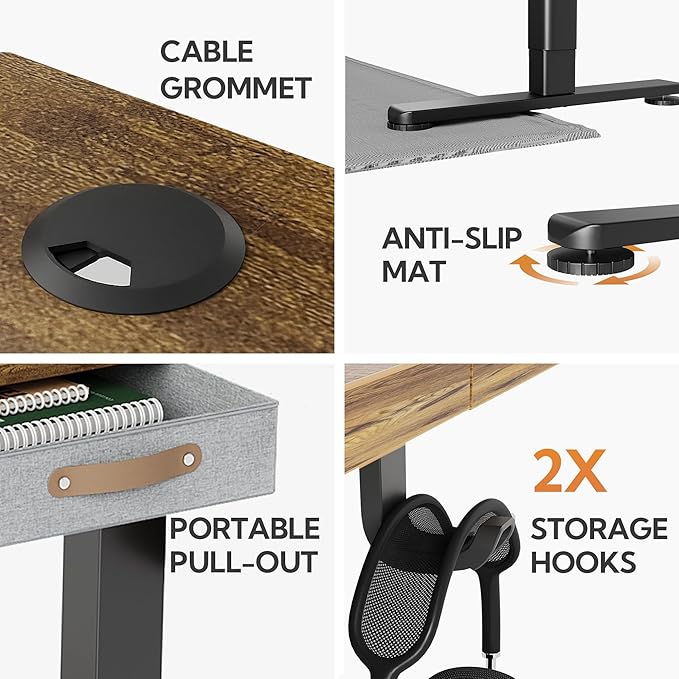 Seang Standing Desk with Drawer, 40" x 24" Height Adjustable Stand Up Desk, 3 Memory Height Settings with Cable Grommets & Storage Hooks, Ideal for Home & Office, Rustic Brown