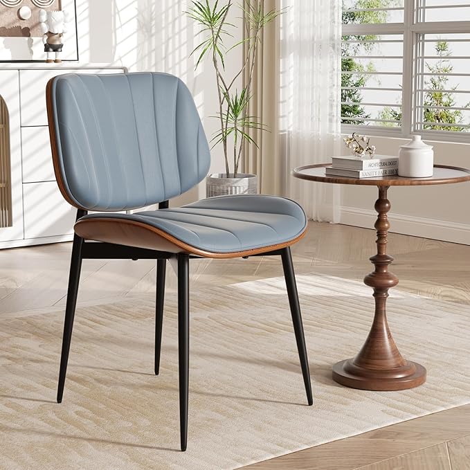 Dining Chair, Mid Century Modern Dining Room Chairs, Upholstered Faux Leather Kitchen Chairs with Walnut Bentwood Back and Metal Legs for Kitchen Dining Room Living Room, Blue