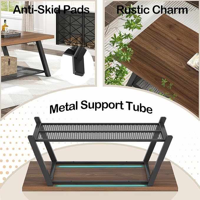 FOLUBAN Modern Coffee Table, Rustic Wood and Metal Center Table with Storage, Industrial Rectangle Cocktail Tea Table for Living Room, Walnut, 47 Inch