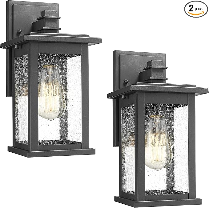 Emliviar Outdoor Wall Mount Lights 2 Pack, 1-Light Exterior Sconces Lantern in Black Finish with Clear Seeded Glass, OS-1803EW1-2PK