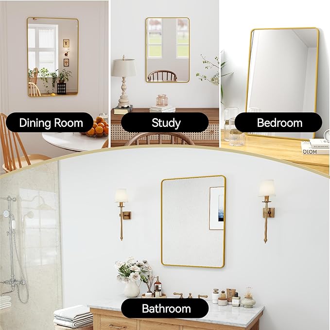20x30 Rectangle Mirror Full Length Wall Mounted Hanging or Against Wall Metal Frame Dressing Make-up Mirrors for Entryway Bedroom Bathroom Living Room 20 30 inch Gold