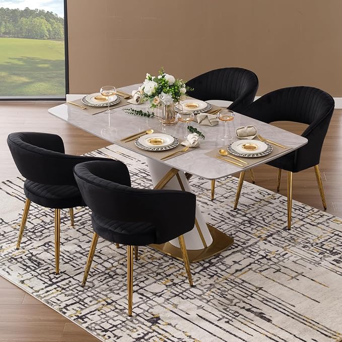 Modern Black Velvet Dining Chairs Set of 4, Upholstered Gold Dining Room Chairs with Tufted Back, Accent Armrest Kitchen Chairs with Gold Legs for Dining Room Reception