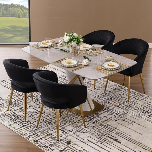 Modern Black Velvet Dining Chairs Set of 4, Upholstered Gold Dining Room Chairs with Tufted Back, Accent Armrest Kitchen Chairs with Gold Legs for Dining Room Reception