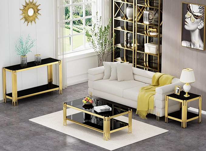 Goujxcy Modern Glass End Table Gold Sofa Side Table with Black Glass Top and Mirror Finish Stainless Steel Legs, Luxury Square Sofa Side Table Coffee Table Bedside Table for Living Room Bedroom (Gold)