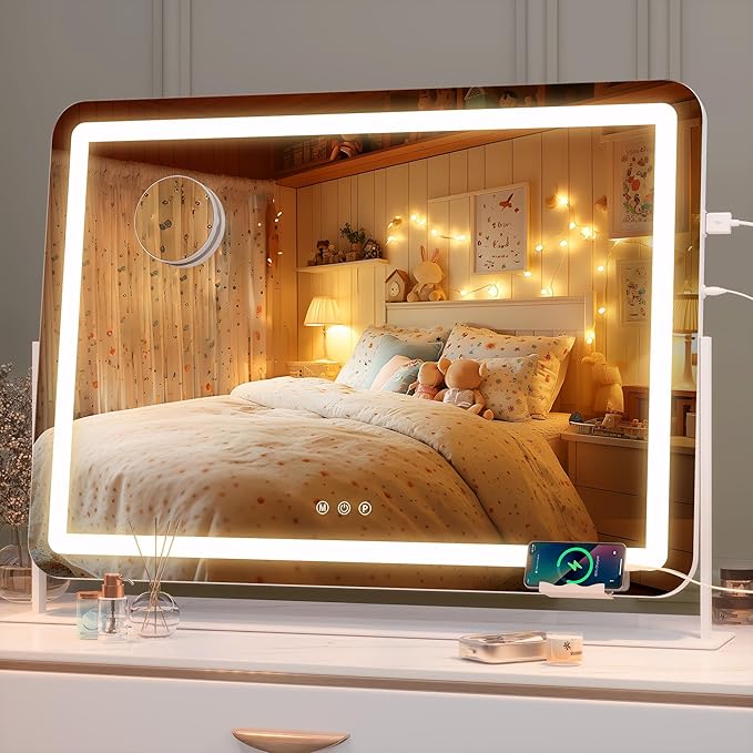 Hasipu Vanity Mirror with Lights, 30" x 21" LED Makeup Mirror, Light up Mirror with 10X Magnification and Phone Holder, USB Charging Port, Smart Touch 3 Colors Dimmable, 360° Rotation (White)