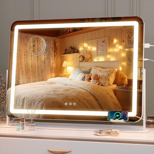 Hasipu Vanity Mirror with Lights, 30" x 21" LED Makeup Mirror, Light up Mirror with 10X Magnification and Phone Holder, USB Charging Port, Smart Touch 3 Colors Dimmable, 360° Rotation (White)