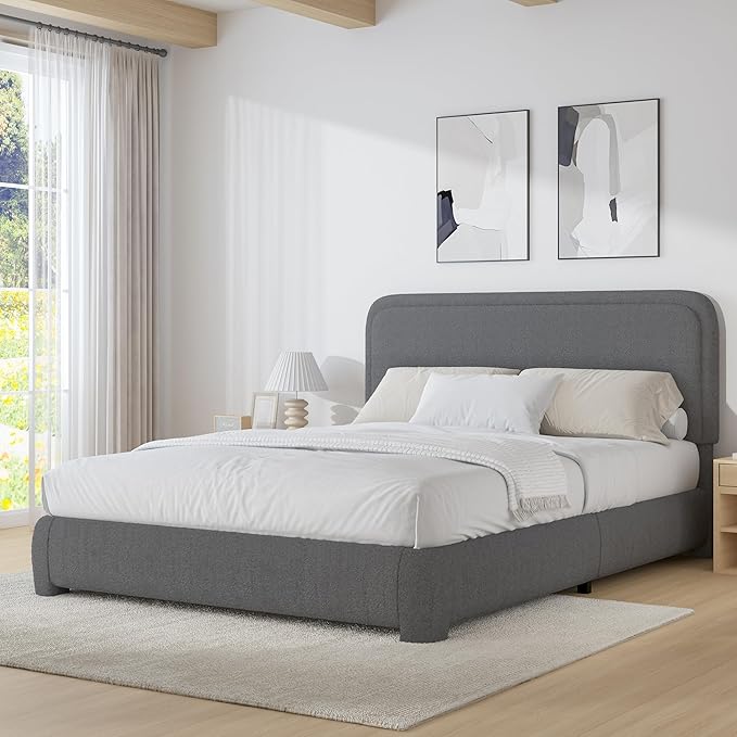 BarnFurin Full Size Bed Frame, Upholstered Platform Bed with Headboard, Boucle Soft and Cloud Bed Frame, Modern Style, No Box Spring Required, Easy Assembly, Dark Grey
