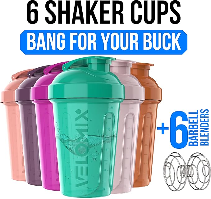 VELOMIX -6 PACK- 20 OZ Protein Shaker Bottles for Protein Mixes, Shaker Cups for Protein Shakes, Small Shaker Bottle Pack, Shaker Cup, Shakers for protein Shakes (Rose Garden - 6 Pack)