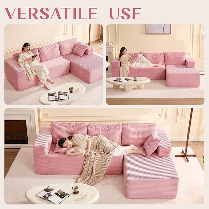 107" Boneless Couch with Deep Seat, Modular Sectional Sofa, Cloud Sectional Couch for Living Room, No Assembly Required, Corduroy, L-Shape Right Pink