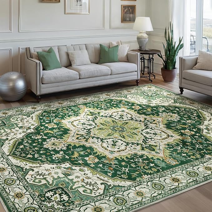 Area Rugs for Living Room 9x12 - Large Machine Washable Vintage Oriental Soft Rug, Low Pile Thin Carpet with Non Slip Backing for Bedroom, Dorm, Under Dining Room Table, Indoor House, Office Decor